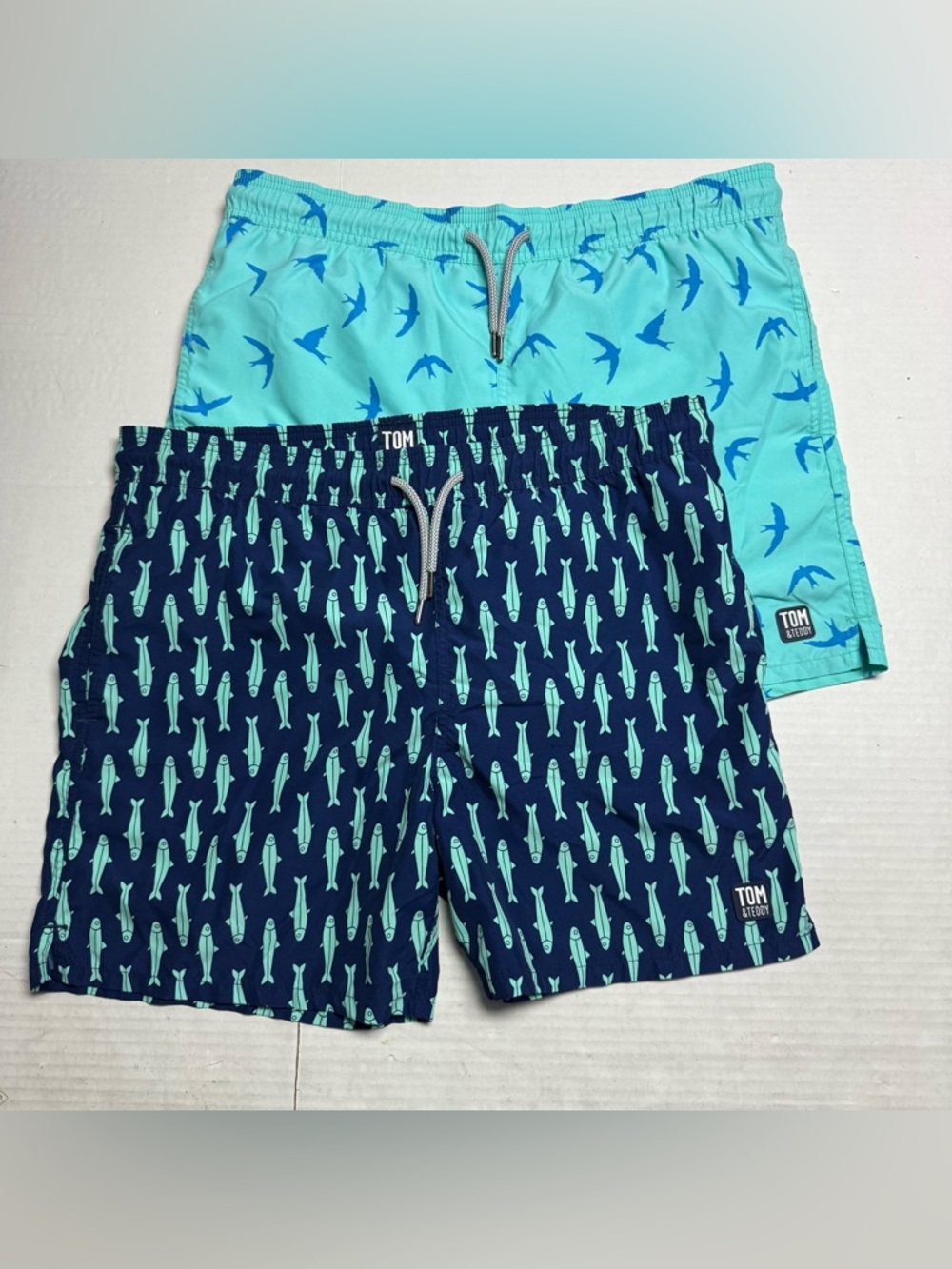 2 Tom & Teddy AOP Beach Resort Preppy Pool Lined Swim Trunks Blue Green Size: M
